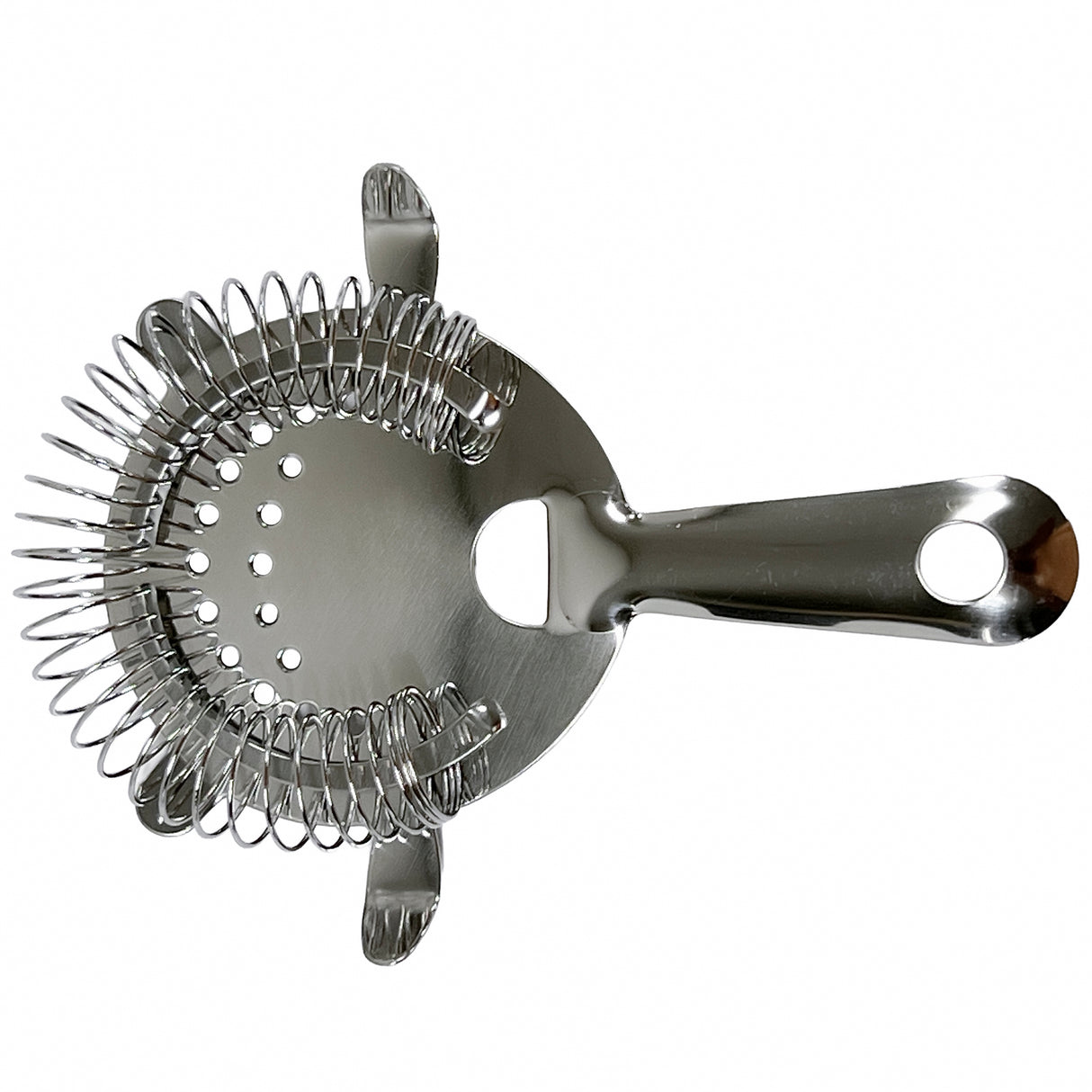 A stainless steel bar strainer with a flat, round base, coiled spring edging, three prongs, and multiple small center holes. Dishwasher safe and easy to hang by its short handled hole. Clean and photographed on a white background.