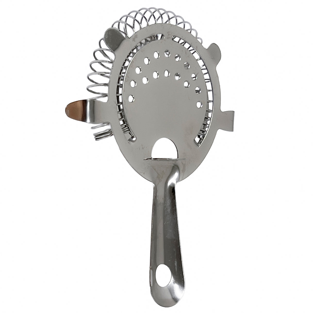 This stainless steel bar strainer features a flat, round head with perforated holes, a coiled spring edge, and a handle with a hanging hole. Dishwasher safe for easy cleanup, it efficiently strains ice from cocktails.