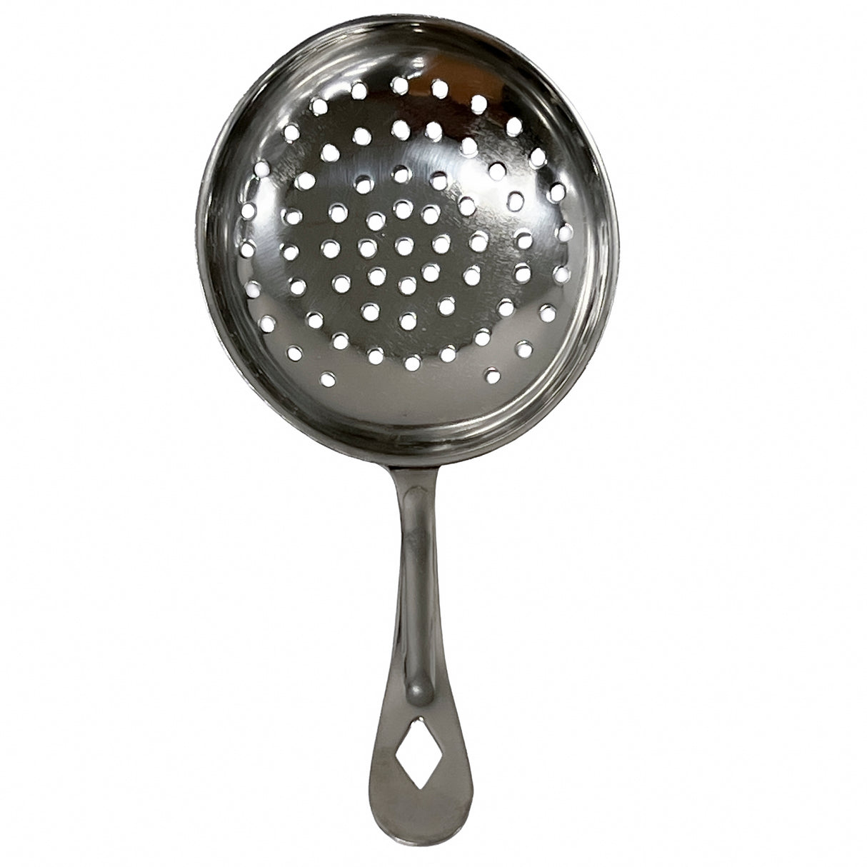A stainless steel slotted spoon with a round, shallow bowl featuring multiple small holes for draining. The flat handle ends with a diamond-shaped cutout near the tip. This shiny utensil is dishwasher safe and photographed on a white background.