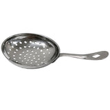 A stainless steel Julep Strainer with a round, shallow bowl featuring multiple small holes for draining and a long, slightly curved handle with an oval cutout near the end. This utensil is dishwasher safe and shown on a white background.