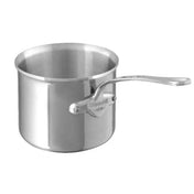 A shiny stainless steel saucepan with a long, curved handle attached by rivets. The saucepan is cylindrical with straight edges and has no lid, ideal for use as part of a bain-marie. The brand name Mauviel is engraved at the base of the handle.