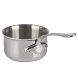 A small Mauviel M'Cook Sauce Pan with a curved, riveted handle is shown against a white background. “Mauviel” and “1830” are engraved near the handle on the polished, oven safe stainless steel sauce pan.