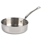 A stainless steel sauce pan with a shiny, smooth finish and a long, curved handle. The Mauviel M'Cook Sauce Pan features tall sides and two rivets attaching its handle, which has a hole for hanging. The oven safe sauce pan rests empty on a white background.