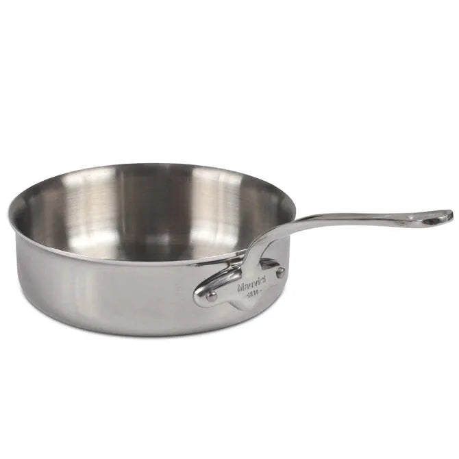 A Mauviel M'Cook Sauce Pan with straight sides and a long, sturdy handle attached by rivets. This stainless steel sauce pan features a shiny interior, brushed exterior, and is oven safe. The pan sits on a white background.