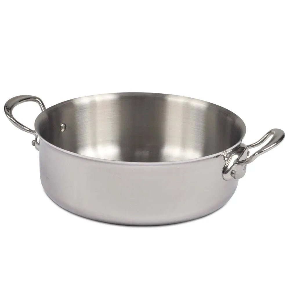 A shiny stainless steel rondeau with a wide, round shape and two sturdy, curved handles. This 15.8 qt pan has a smooth, reflective surface and sits empty on a white background.