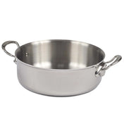 A shiny stainless steel rondeau with a wide, round shape and two sturdy, curved handles. This 15.8 qt pan has a smooth, reflective surface and sits empty on a white background.