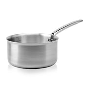 The De Buyer Alchimy Saucepan is a stainless steel saucepan with a long, curved handle and brushed metal finish. Visible measurement marks inside the 1.05 qt saucepan stand out against the plain white background, clearly showcasing its features.