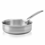 A De Buyer Alchimy saute pan with a long, curved handle is shown on a white background. Made from 18/10 stainless steel, its interior features etched measurement markings and a smooth, polished surface that reflects light beautifully.