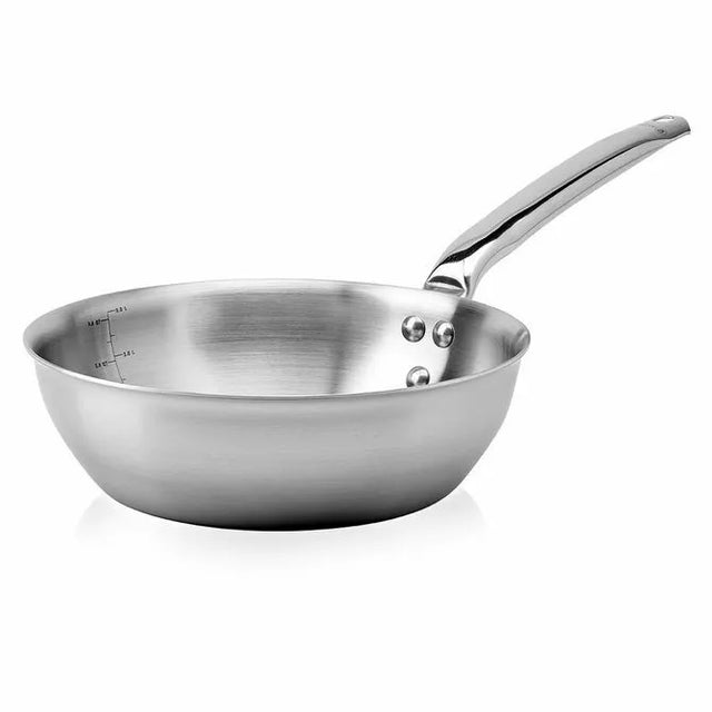 A 6.3 inch stainless steel saute pan with a shiny, curved handle. The interior has measurement markings and is secured with three rivets. The pan sits on a white background and appears clean and unused.