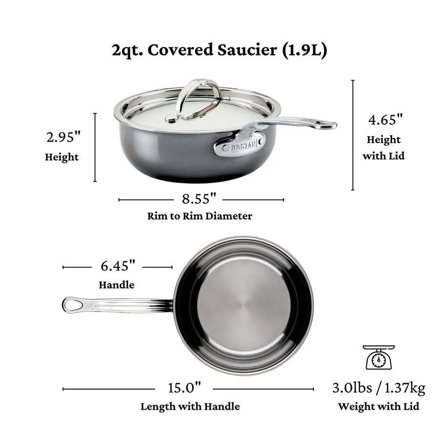 A JB Prince Hestan Nanobond Saucier pan, 2.0qt stainless steel with lid, shown from side and top views. Labeled measurements: 2.95 height, 4.65 height with lid, 8.55 rim diameter, 6.45 handle, 15 total length, 3.01 lbs with lid.