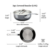 A JB Prince Hestan Nanobond Saucier pan, 2.0qt stainless steel with lid, shown from side and top views. Labeled measurements: 2.95 height, 4.65 height with lid, 8.55 rim diameter, 6.45 handle, 15 total length, 3.01 lbs with lid.