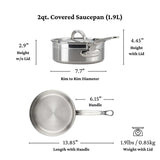 Image shows a JB Prince Hestan Probond 2.0qt saucepan in stainless steel with clear measurements: 2.9” height without lid, 4.45” with lid, 7.7” rim diameter, 6.1” handle, 13.85” total length, and weighs 1.9 lbs with lid.