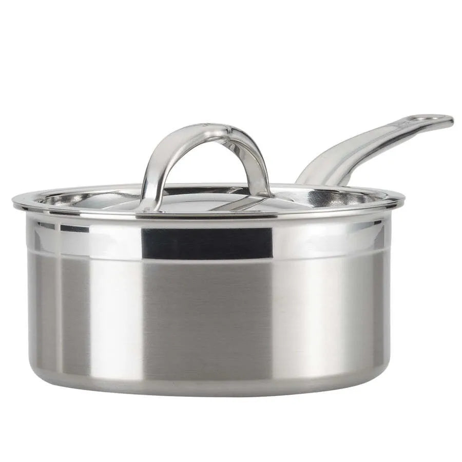 A shiny 3.0qt Hestan Probond covered saucepan with a matching lid and long, curved handle. The pot has a smooth, brushed metal finish and the lid features a large, arched handle at the center. The saucepan is clean and appears new.