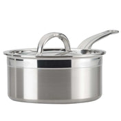 A shiny 3.0qt Hestan Probond covered saucepan with a matching lid and long, curved handle. The pot has a smooth, brushed metal finish and the lid features a large, arched handle at the center. The saucepan is clean and appears new.