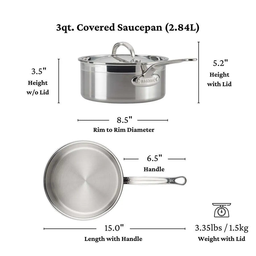 Hestan Probond Saucepan 3.0qt with lid, dimensions: 3.5" high without lid, 5.2" with lid, 8.5" diameter, 6.5" handle, 15" total length, and weighs 3.35 lbs (1.5 kg). Available from JB Prince.