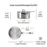 The Hestan Probond Saucepan by JB Prince is shown from front and top. This 1.5qt saucepan features labeled dimensions: 2.95" height without lid, 4.4" with lid, 6.9" rim diameter, 13" total length, and a 1.75 lbs weight (1.42L capacity).