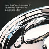 Close-up of a shiny stainless steel lid with a curved handle and engraved logo, reflecting light to highlight its polished finish. Featured is the Hestan Probond Saucepan 3.0qt covered saucepan, offering refined ergonomics for comfort and safety.