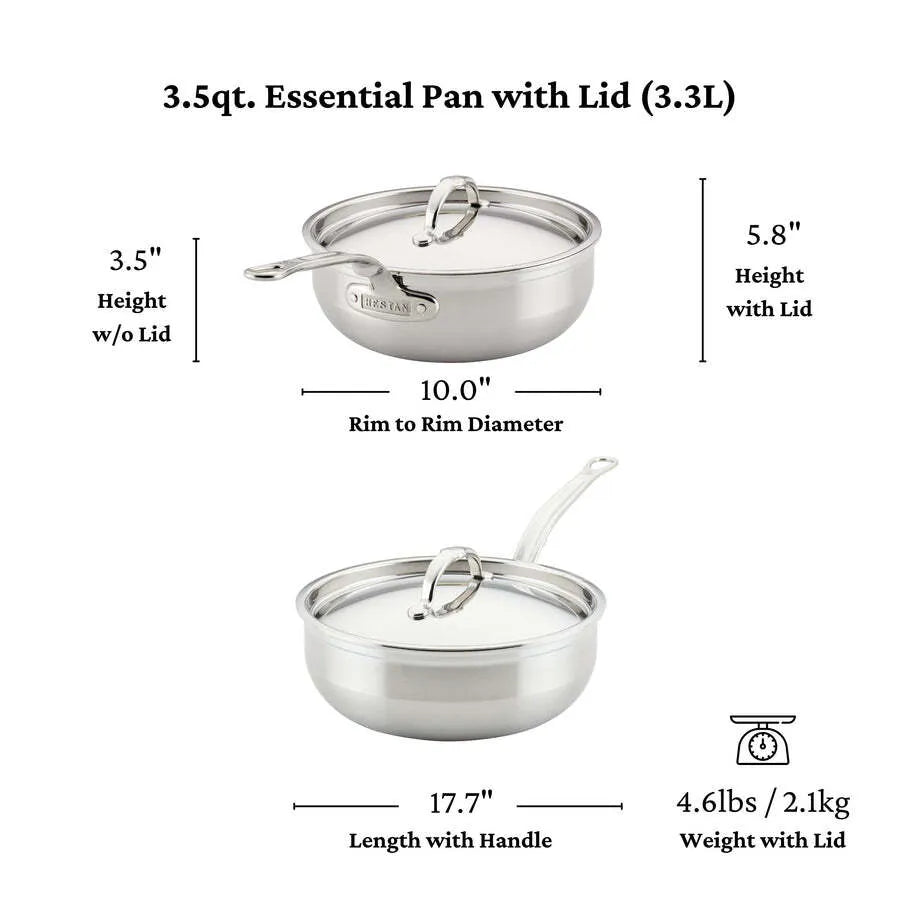 The Hestan Probond Essential Pan, 3.5qt (24cm), features a stainless steel body with lid, measuring 3.5" high without lid, 5.8" with lid, 10" rim diameter, and a 17.7" length including handle; total weight is 4.6 lbs (2.1 kg). Capacity: 3.5.