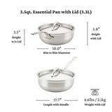 The Hestan Probond Essential Pan, 3.5qt (24cm), features a stainless steel body with lid, measuring 3.5" high without lid, 5.8" with lid, 10" rim diameter, and a 17.7" length including handle; total weight is 4.6 lbs (2.1 kg). Capacity: 3.5.