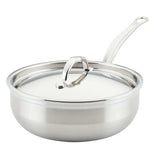 A shiny Hestan Probond Essential Pan, 3.5qt pan, with a long handle and fitted lid featuring a curved top handle. The smooth, reflective stainless steel finish and slightly flared sides stand out against the plain white background.