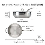 Image shows a Hestan Probond Essential pan, 5.0qt (28cm), stainless steel with lid and helper handle. Labeled measurements: 3.55" height without lid, 5.6" with lid, 11.65" rim diameter, total length 21.75", weight 5.2 lbs (2.35 kg).