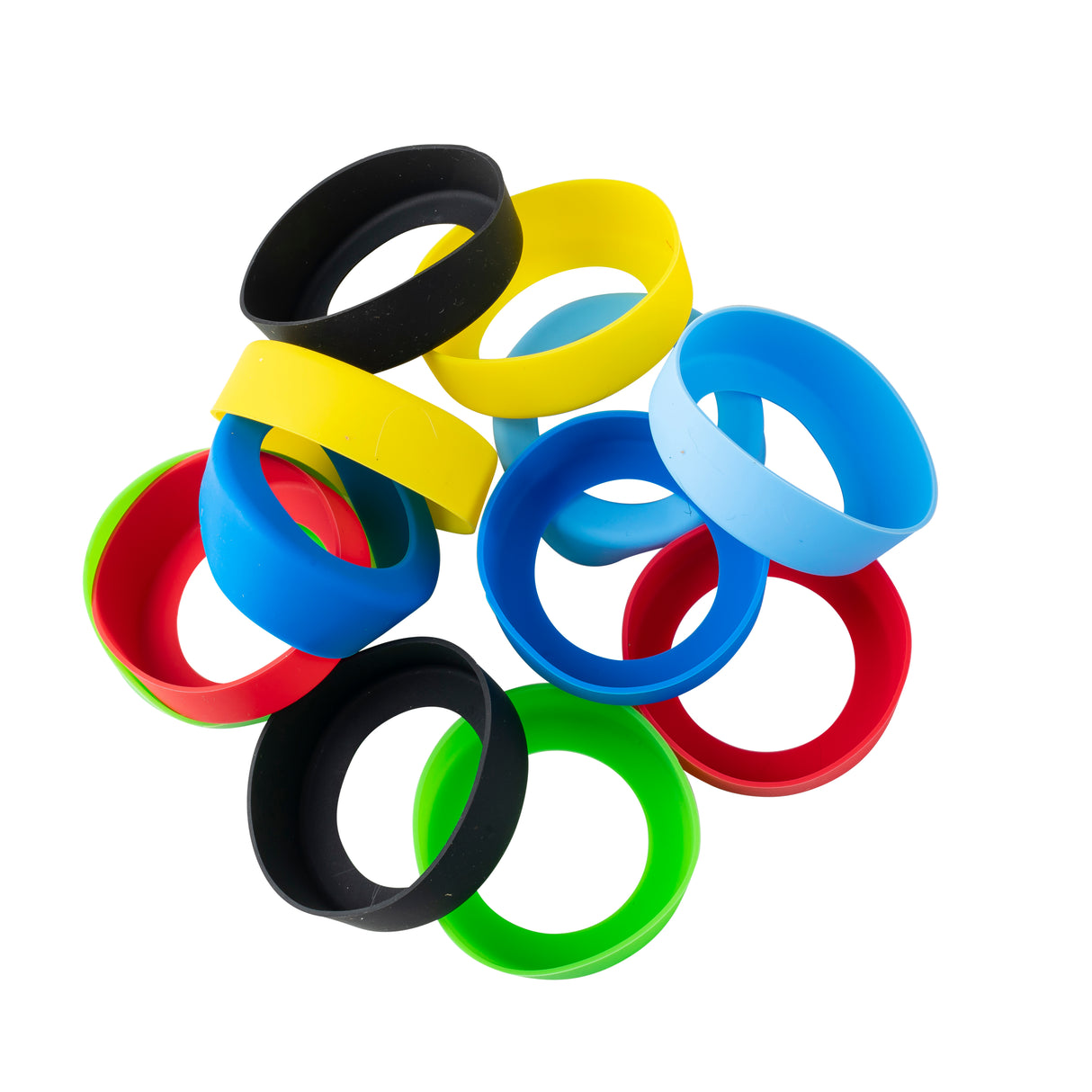 A pile of colorful silicone wristbands, inspired by the vibrant hues of widemouth sauce bands, is arranged on a white background. The black, yellow, blue, green, and red bands overlap in a loose, scattered circle.