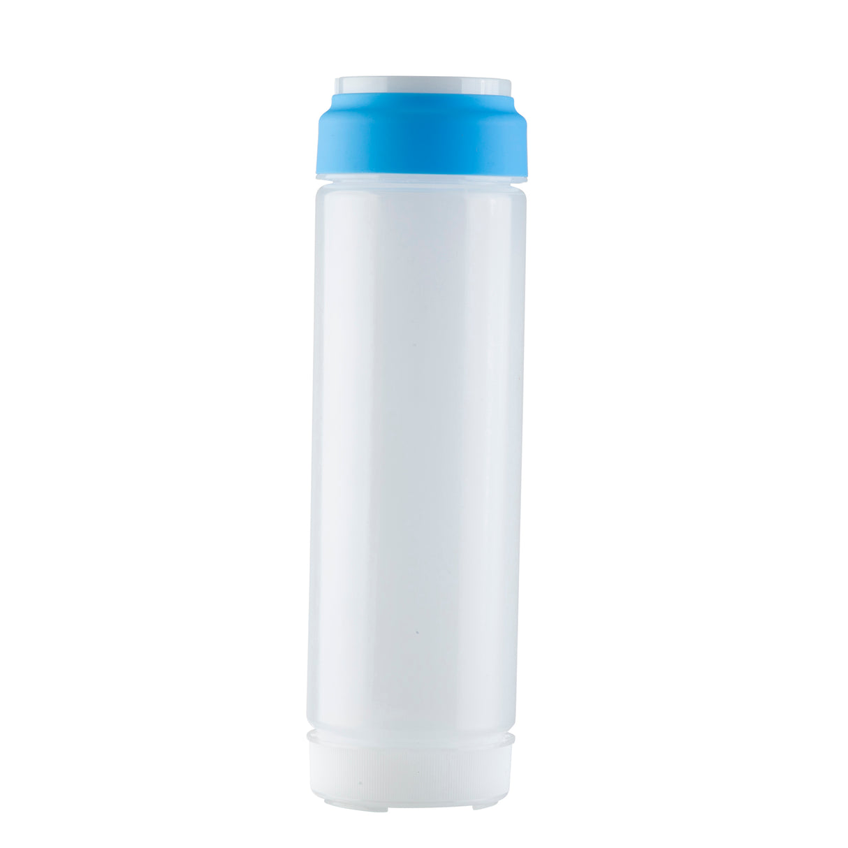 A tall, cylindrical, translucent white plastic TableCraft container with a wide blue screw-on lid. Featuring a 53mm silicone seal, the plain container stands upright against a white background with no labels or markings.