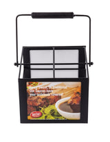 A black metal 4-compartment squeeze bottle caddy with a handle. The front features a bowl of sauce and food, plus text: Spicy, Sweet, or Traditional—our sauces have your tastebuds covered! Brand: TableCraft.