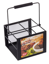 A black metal squeeze bottle caddy with a handle and 4-compartment grid dividers. The front displays a food photo and the text: “Spicy, Sweet, or Traditional. Our Sauces have your tastebuds covered! TableCraft.” Blank cardstock inserts inside.