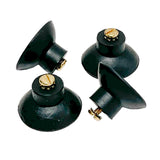 Three black TableCraft Products suction cups with gold screws on top are arranged on a white background. Made of rubber and dishwasher safe, the cups are positioned at different angles, highlighting their round bases and hollow centers.