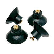 Three black TableCraft Products suction cups with gold screws on top are arranged on a white background. Made of rubber and dishwasher safe, the cups are positioned at different angles, highlighting their round bases and hollow centers.