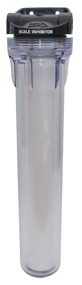 A transparent 20-inch cylindrical water filter housing labeled “Scale Inhibitor” at the black cap, showing a white coarse pre-filter cartridge inside. Often used with Scotsman systems, it features a threaded closure for conditioning water in plumbing setups.