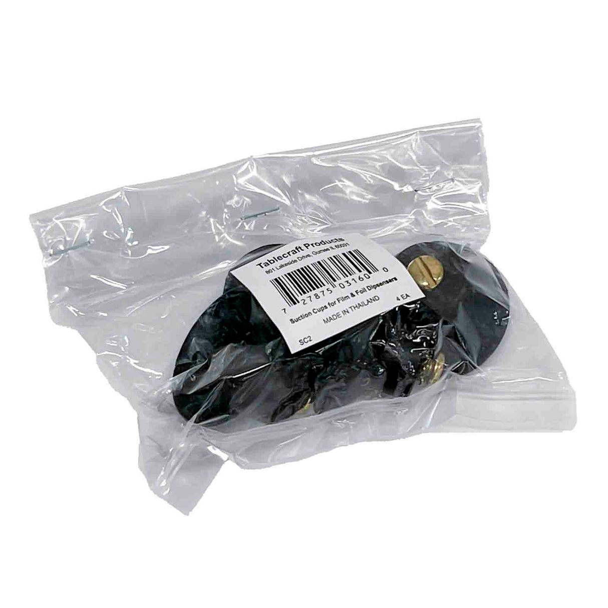 A black object with brass components, featuring Suction Cups, is sealed in a transparent plastic bag with a white barcode sticker labeled Tailstock Product. The bag rests on a white background, and product details are visible through the packaging.