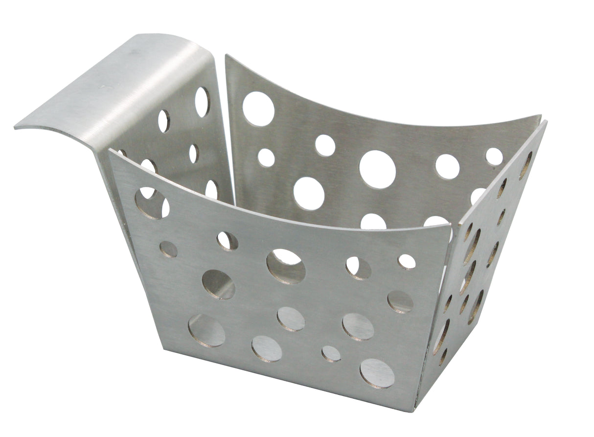 A stainless steel side basket with curved sides and variously sized round holes throughout. It has a flat, bent handle on one side. The basket is empty, dishwasher safe, and photographed against a plain white background.