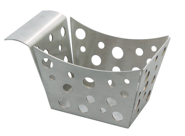 A stainless steel side basket with curved sides and variously sized round holes throughout. It has a flat, bent handle on one side. The basket is empty, dishwasher safe, and photographed against a plain white background.