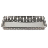 A rectangular stainless steel serving tray with a shiny surface and circular holes evenly spaced along the sides. It features slightly raised edges, a flat base for draining or ventilating items, and is dishwasher safe for easy cleaning.