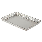 A rectangular stainless steel serving tray with perforated sides, featuring evenly spaced round holes along all four edges. The tray has a flat, smooth base, a silver finish, and is photographed against a white background. Dishwasher safe for easy cleaning.