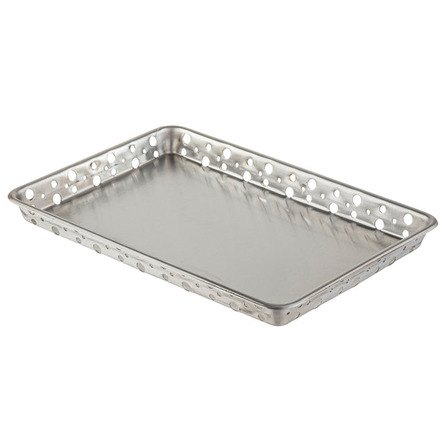 A rectangular stainless steel serving tray with perforated sides, featuring evenly spaced round holes along all four edges. The tray has a flat, smooth base, a silver finish, and is photographed against a white background. Dishwasher safe for easy cleaning.