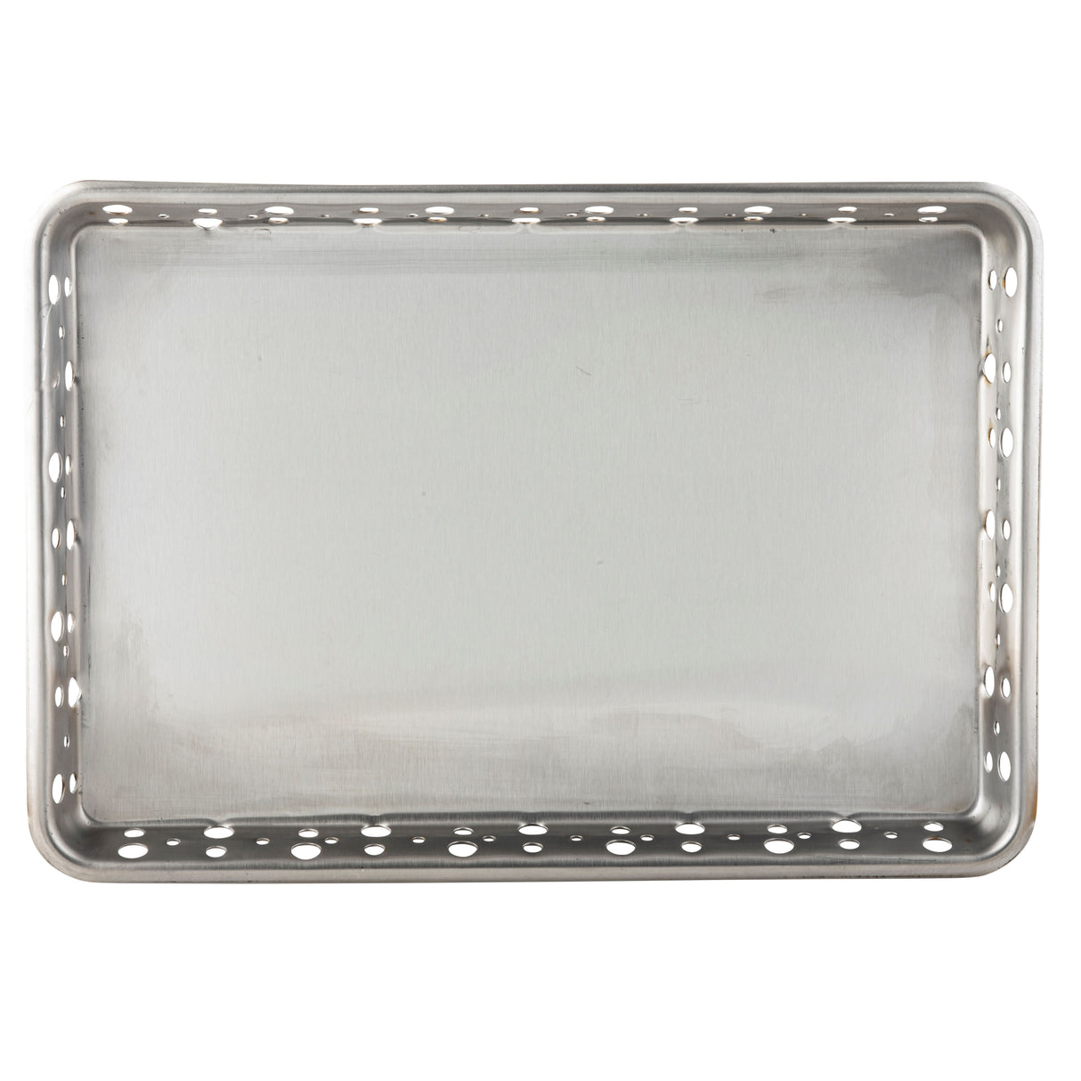 A rectangular stainless steel serving tray with a flat surface and evenly spaced round holes along the raised edges, viewed from above. The smooth, clean surface and metallic finish enhance its appeal. This tray is also dishwasher safe.