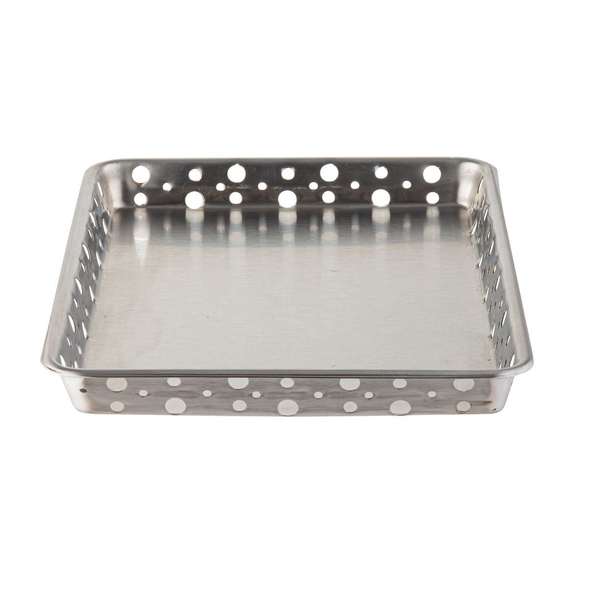 A square stainless steel serving tray with raised edges and large circular holes along the sides; its shiny, reflective surface is dishwasher safe and photographed on a white background.