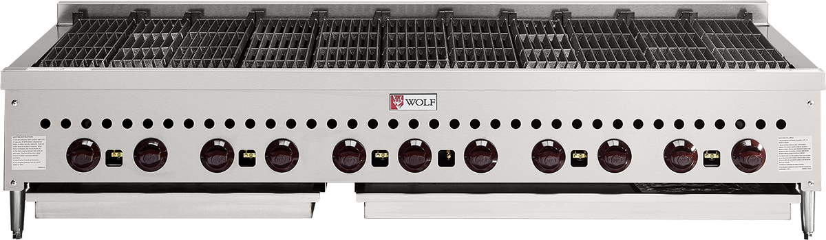 A large Wolf commercial charbroiler, ideal as a professional kitchen appliance, features twelve black control knobs, two pull-out grease trays below, and a grated grilling surface on top for efficient cooking.