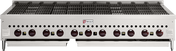 A large Wolf commercial charbroiler, ideal as a professional kitchen appliance, features twelve black control knobs, two pull-out grease trays below, and a grated grilling surface on top for efficient cooking.