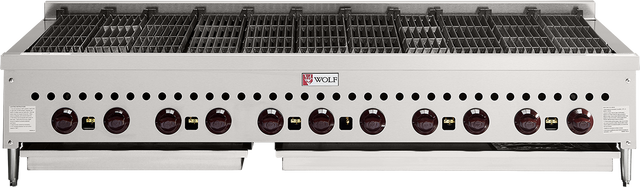 A large Wolf commercial charbroiler, ideal as a professional kitchen appliance, features twelve black control knobs, two pull-out grease trays below, and a grated grilling surface on top for efficient cooking.