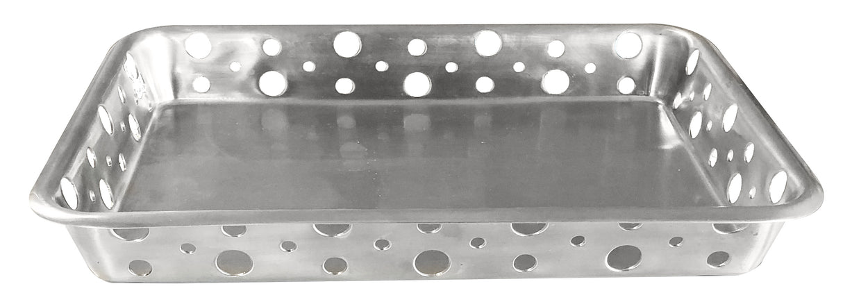A rectangular stainless steel serving tray with rounded corners and perforated sides, featuring variously sized circular holes. Its smooth, shiny surface adds an industrial touch, and it's dishwasher safe for easy cleaning.