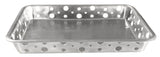 A rectangular stainless steel serving tray with rounded corners and perforated sides, featuring variously sized circular holes. Its smooth, shiny surface adds an industrial touch, and it's dishwasher safe for easy cleaning.