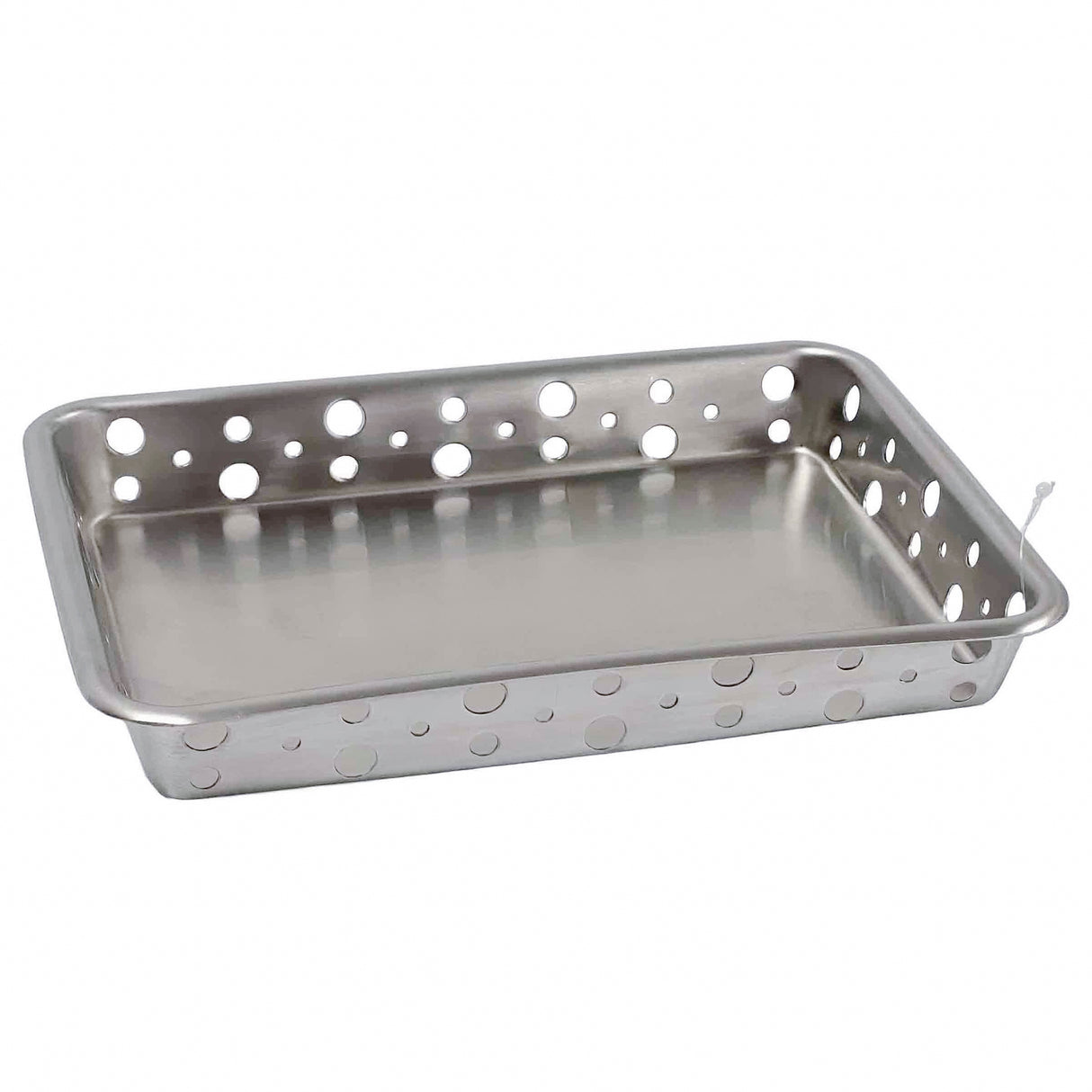 A rectangular stainless steel serving tray with high sides, featuring variously sized circular holes for ventilation or drainage. Its smooth, shiny surface and slightly raised edge make it both stylish and dishwasher safe.