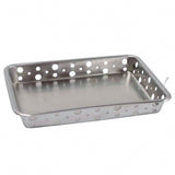 A rectangular stainless steel serving tray with high sides, featuring variously sized circular holes for ventilation or drainage. Its smooth, shiny surface and slightly raised edge make it both stylish and dishwasher safe.