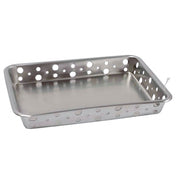 A rectangular stainless steel serving tray with high sides, featuring variously sized circular holes for ventilation or drainage. Its smooth, shiny surface and slightly raised edge make it both stylish and dishwasher safe.