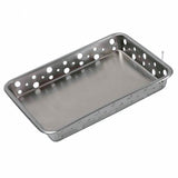 A stainless steel serving tray with rounded corners and perforated sides featuring large and small circular holes, set against a white background. The empty tray has slightly raised edges and is dishwasher safe.