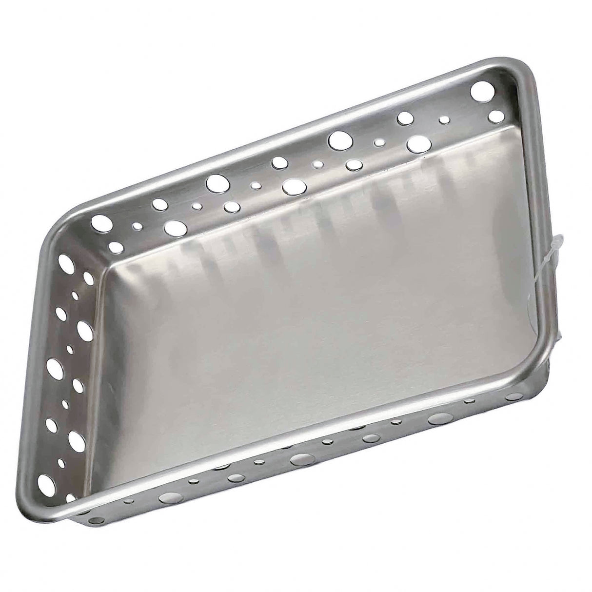 Rectangular stainless steel serving tray with rounded corners, featuring large circular holes evenly spaced along the sides. The smooth, reflective surface is tilted at an angle and is dishwasher safe for easy cleaning.